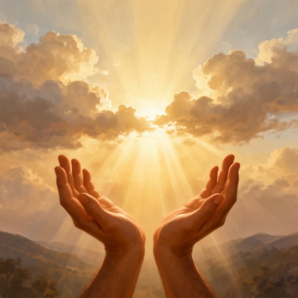 Open hands lifted in worship as light breaks through the clouds